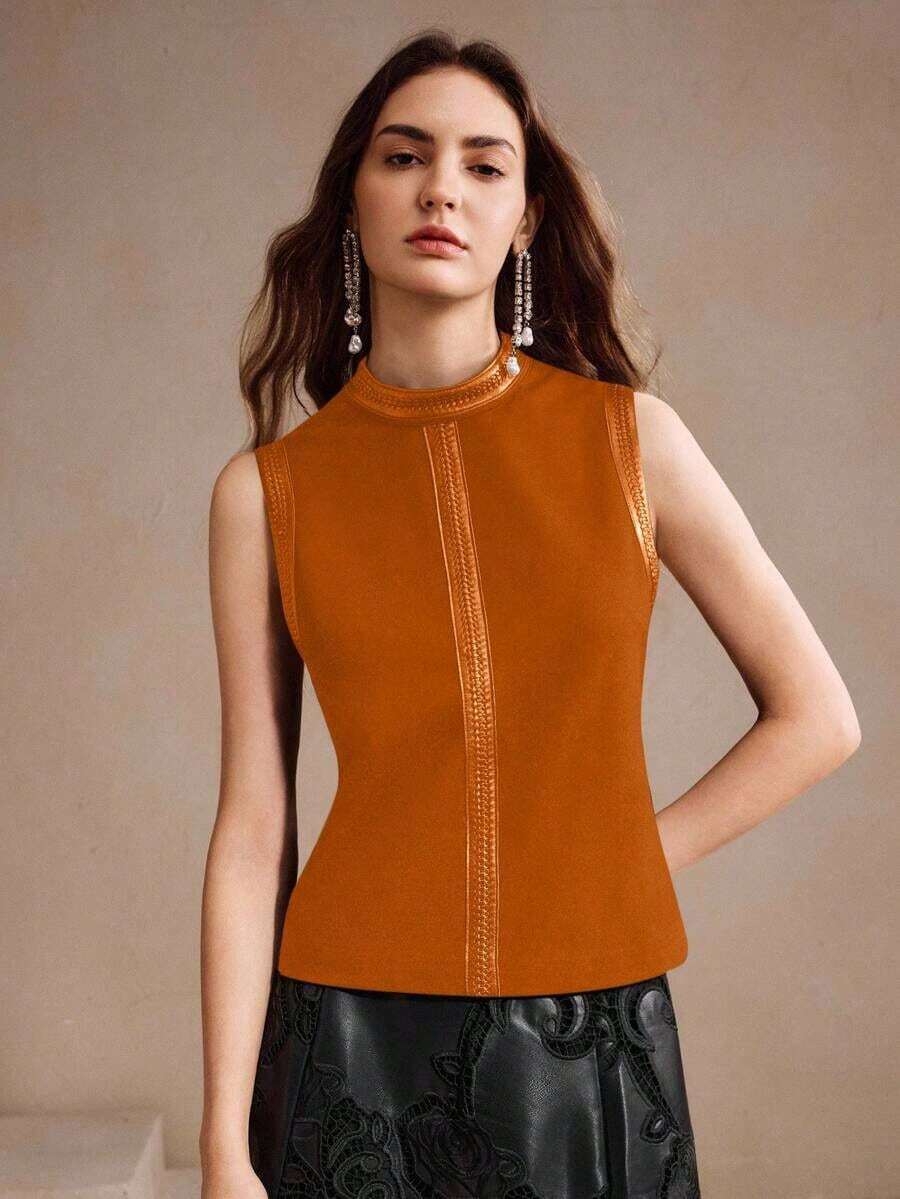 Blusa sin mangas de cuello alto elegante y casual para mujer, adecuada para otoño/invierno, Año Nuevo - Naranja - Ver 1