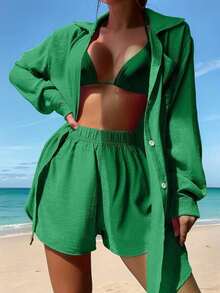 Swim Vcay Set cover up unicolor con botón delantero - Verde - Ver 5