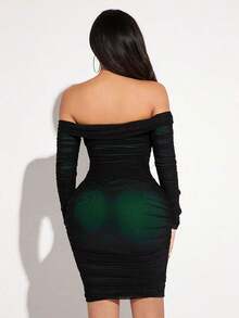 Vestido de mujer con hombros descubiertos de malla transparente - Verde Oscuro - Ver 2