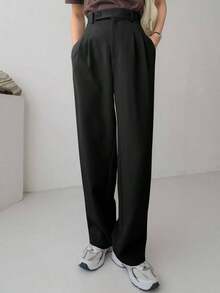 -Less Pantalón de vestir casual de negocios para mujer de pierna recta y unicolor - Negro - Ver 5