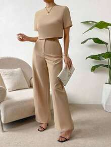 Camisa crop unicolor & Pantalones de pierna ancha - Camel - Ver 7