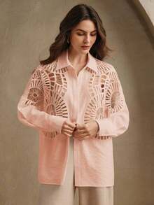 Camisa de mujer con cuello versátil de encaje soluble y empalme hueco, para primavera/verano - Rosa - Ver 2