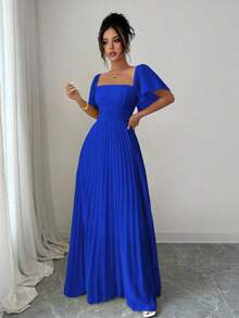 Vestido de línea A para mujer de color amarillo crema con cuello cuadrado y cintura ceñida, elegante y romántico - azul real - Ver 3