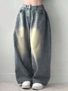 Jeans casuales de bolsillo de ajuste holgado de unicolor para mujer - Azul lavado medio - Ver 7