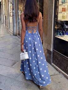 Vestido de verano elegante y casual para fiesta, con lunares, recortes y retorcido, ideal para vacaciones en la playa - Azul - Ver 4