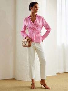 PREMIUM Blusa Envolvente Con Cinturón De Lino Puro Y Color Sólido - Rosa Fucsia - Ver 6