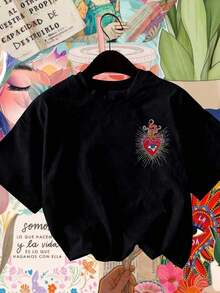 Camisetas de manga corta para mujer 100% algodón, camiseta cómoda, estampado de llama y espinas del Sagrado Corazón, camiseta casual de cuello redondo y manga corta, top negro transpirable de verano para mujer. - Negro - Ver 2
