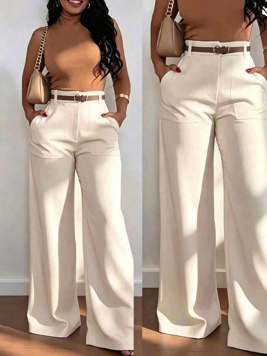 casuales de pierna recta y cintura alta de moda para mujer, color blanco, para primavera - Albaricoque - Ver 1