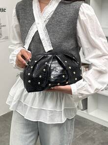 優雅摩洛哥風手拿包 - 化妝包、手提包、時尚女包、貝殼包、極簡多功能、時尚晚宴包，適合派對、晚會、婚禮、約會和購物等各種場合。母親節、節日或聖誕節的完美禮物。1件女款彩色壓褶草編手拿包，輕如雲朵的壓褶設計，時尚極簡，大容量，適合購物和外出 - 黑色 - 查看 4