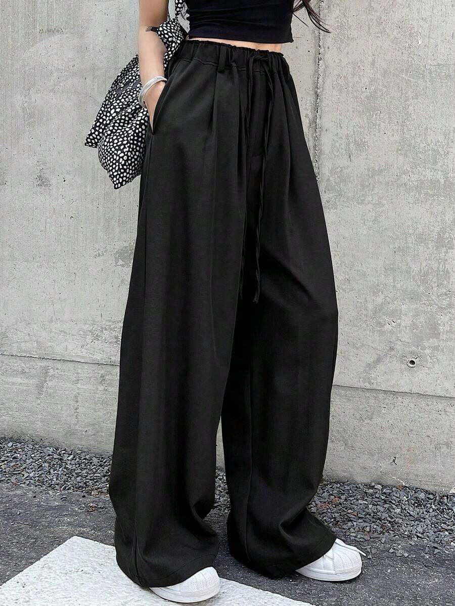 Pantalones largos casuales de mujer de unicolor con cordón en la cintura - Negro - Ver 1
