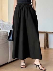 Pantalones anchos y cortos de unicolor elegantes y holgados para mujer, adecuados para el verano y el otoño - Negro - Ver 6