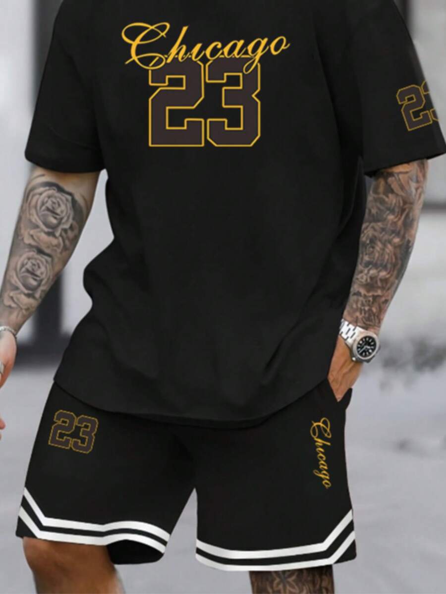 Ensemble short et t-shirt à imprimé lettres, tenue d'été pour homme. Convient pour le basketball, les sports, la salle de gym. Couleur: noir - Noir - Voir 1