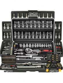 45+1/44+2/42+1 件套高级专业工具套装，汽车/自行车维修技师工具包，1/2”、“1/4”、“3/8”驱动深度及标准扳手套装，赛车级汽车零件维修棘轮扳手及其他汽车保养配件 - 45+1 - 查看 2