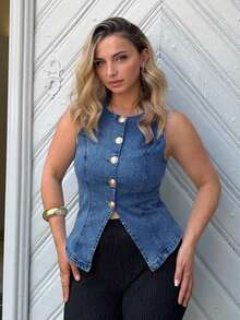 Camisa vaquera sin mangas con botones delanteros lavada para mujer - Azul lavado medio 2 - Ver 6