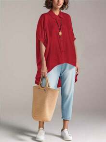 Women's Loose-Fitting, Versatile Batwing Sleeve Button-Down Shirt In A Solid Color, Perfect For Spring And Summer - 紅色的 - 查看 4
