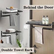 Bathroom Towel Rack, Wall-Mounted Bathroom Shelf, Dual Bars, Foldable, Waterproof And Rust-Proof, Suitable For Storing Towels, Clothes And Jackets, Applicable For Bathroom, Balcony, Hotel, Dormitory And Other Bathroom Accessories - Multicolor - View 10