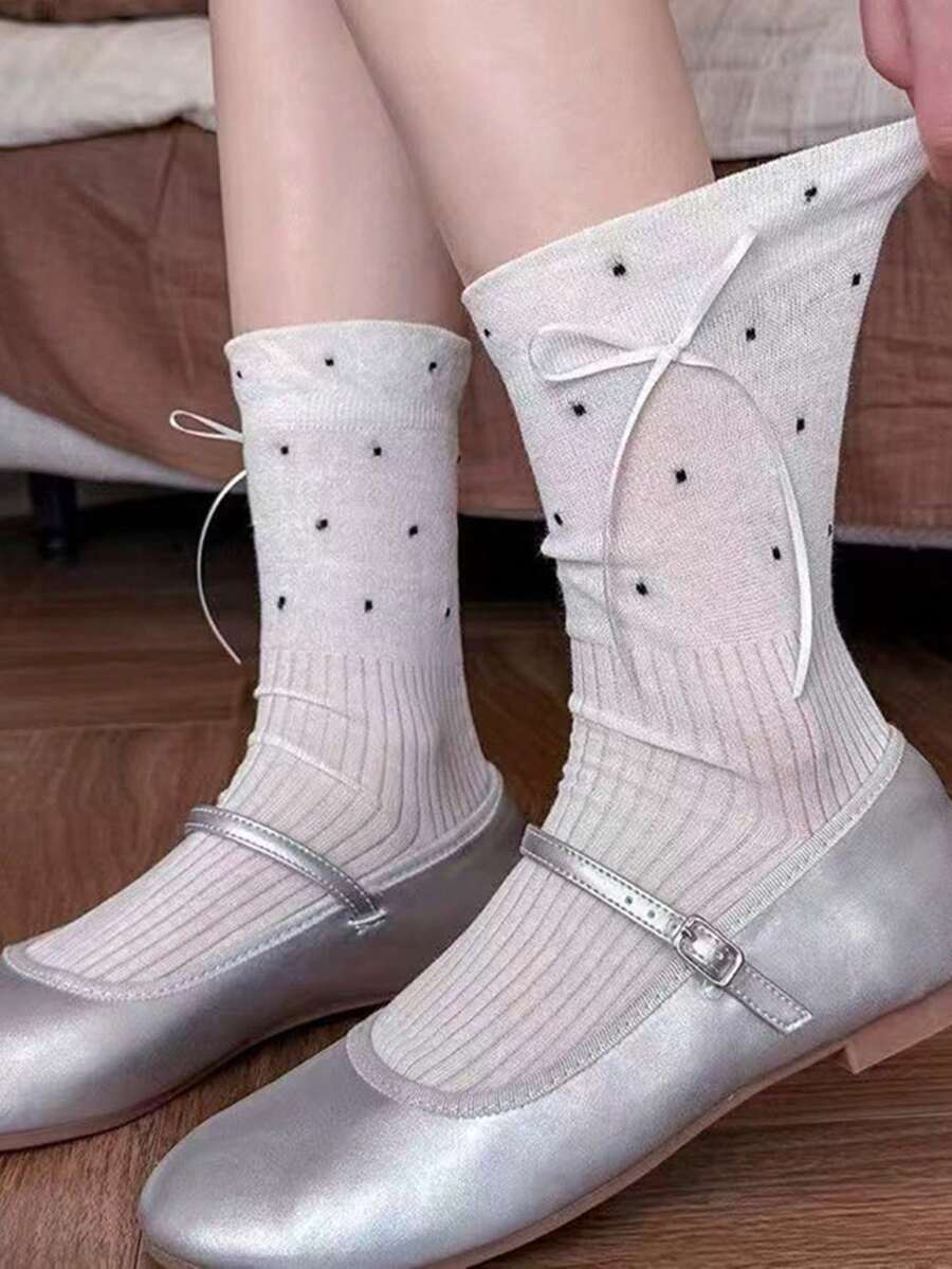 1 đôi tất trắng dài đến bắp chân, mỏng và thoáng khí kiểu tất ballet có nơ dành cho nữ, thích hợp cho mùa hè. - Nhiều màu - Xem 1