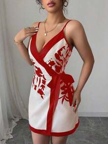 Vestido mini sexy y elegante con cuello en V estilo envolvente y estampado para mujeres - Multicolor - Ver 11