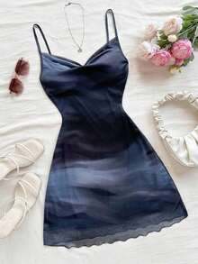 Vestido de tirantes con cuello drapeado y degradado de color para vacaciones de verano en la playa, atuendos de club, vestido sexy marrón otoñal de color café oscuro para mujeres - Multicolor - Ver 1