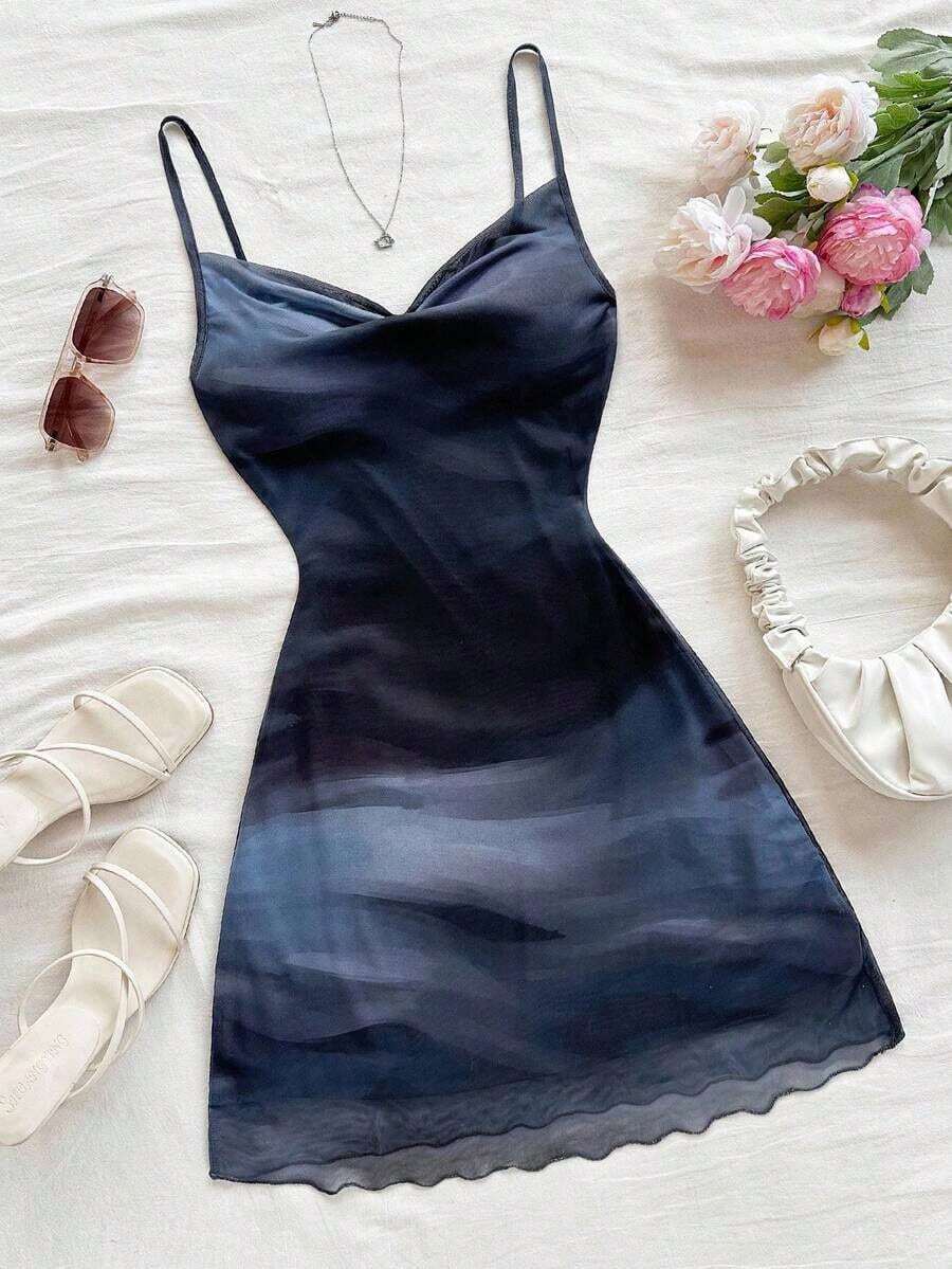 Vestido de tirantes con cuello drapeado y degradado de color para vacaciones de verano en la playa, atuendos de club, vestido sexy marrón otoñal de color café oscuro para mujeres - Multicolor - Ver 1