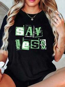 Women's "Say Less Pale" Light Green 100% Cotton Graphic T-Shirt, Round Neck, Short Sleeve, Casual Style. - 黑色 - 查看 5