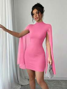 Vestido de capa ajustada con cuello mao de unicolor - Rosa - Ver 8