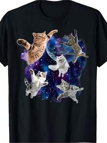 Divertente per i gatti: T-shirt con meme spaziale |   Maglietta retrò con 6 colorati disegni di gatti e motivo Notte Stellata, tessuto morbido e traspirante, vestibilità ampia con scollo rotondo, lavabile in lavatrice, abbigliamento casual, perfetta per tutte le stagioni, maniche corte, orlo svasato. - nero - Visualizzare 1