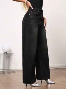 Jeans de pierna ancha de talle medio vintage para mujer - Uso casual elegante sin estiramiento - Negro - Ver 4