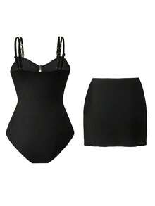 Swim Oasis 1 pieza Traje de baño de una sola pieza casual de vacaciones con decoración de pentágono lindo para mujer - Negro - Ver 2