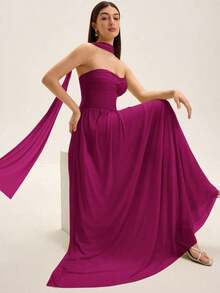 Aveloria Revavyn Vestido con superposición de malla y amarre a la cintura, longitud de maxi - Morado - Ver 5