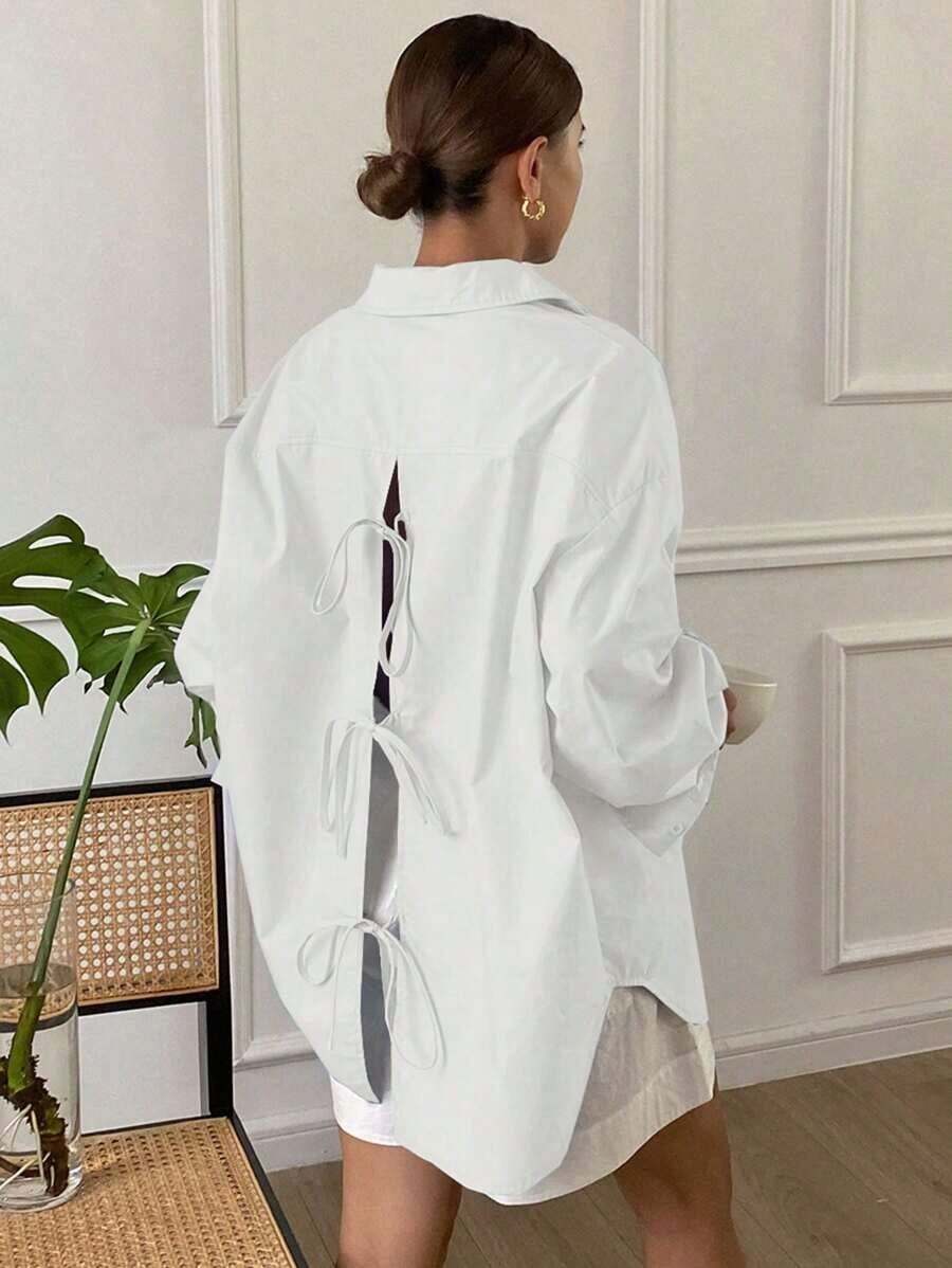 Blusa suelta de manga larga con cuello vuelto, abertura en la espalda y lazo, unicolor, ropa de otoño para mujer - Blanco - Ver 1