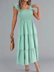 Nuevo vestido midi de unicolor con cuello cuadrado, casual, con espalda descubierta, volantes y sin mangas, color caqui, elegante para primavera/verano - verde menta - Ver 3