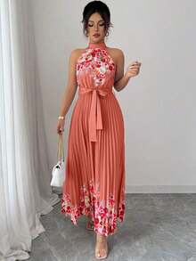 Vestido holgado de verano elegante con estampado floral y cuello halter para mujer - Multicolor - Ver 6