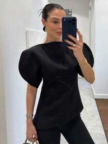 Blusa negra de mujer con cuello redondo, mangas de pétalos y bajo asimétrico, nueva y elegante para el verano - Negro - Ver 2