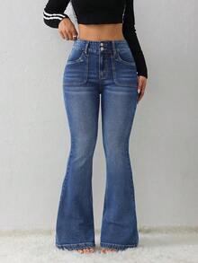 Tall Jeans casuales de mujer, jeans ajustados elásticos acampanados - Azul lavado medio - Ver 2