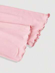 Conjunto de camiseta de manga larga ajustada con cuello de volantes, mangas acampanadas y plisadas en 3 colores - Rosa - Ver 4