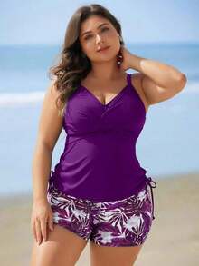 Swim Lushoire Set de 2 piezas de tankini con estampado floral para mujeres de talla grande - Morado - Ver 4