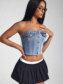 Top tipo bustier corto de mezclilla con botones delanteros de moda - Azul lavado medio - Ver 3