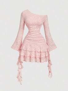 MOD Vestido de fiesta con hombro asimétrico con volantes y drapeado en marrón para otoño/invierno - Rosa - Ver 1
