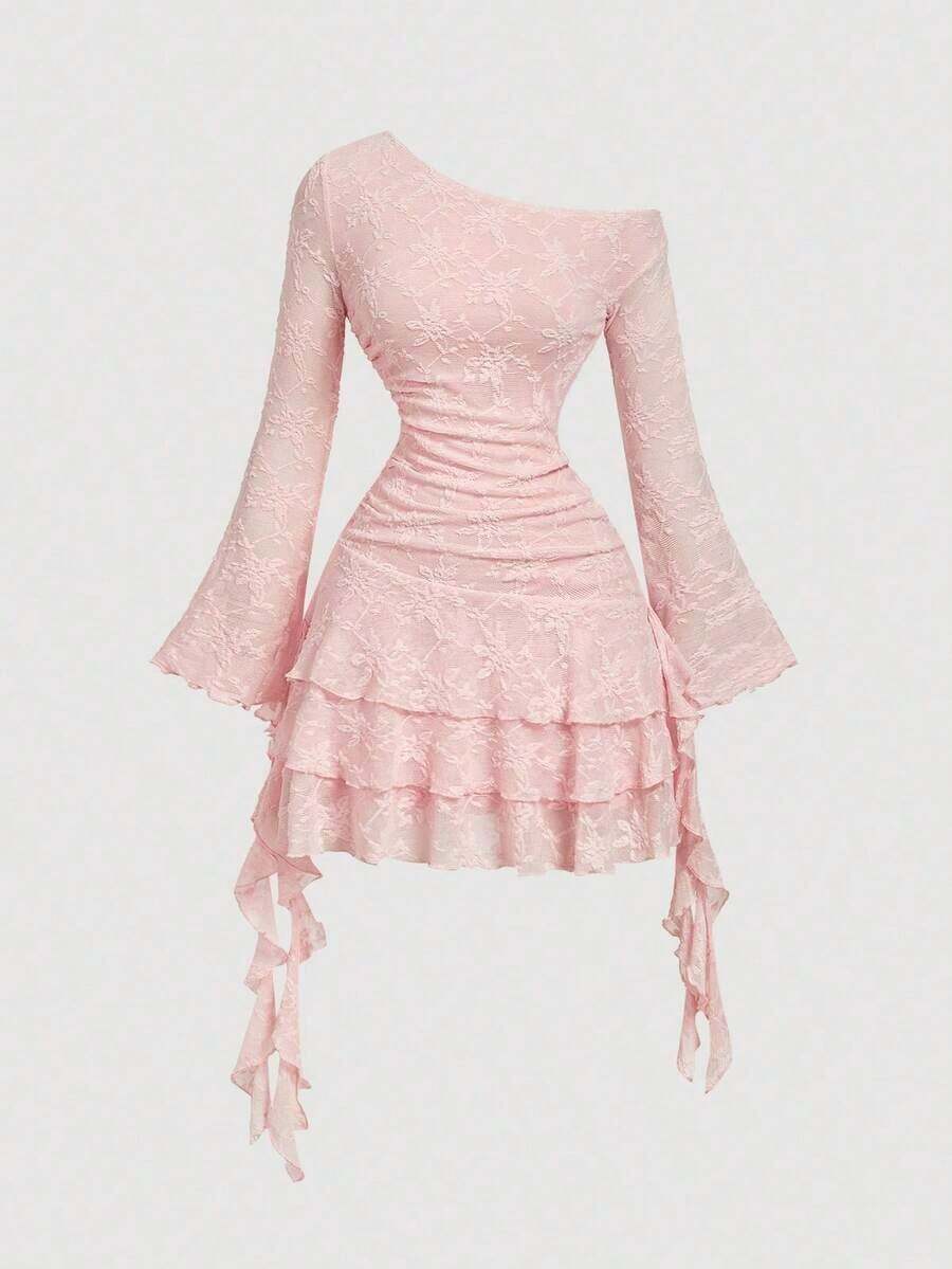 MOD Vestido de fiesta con hombro asimétrico con volantes y drapeado en marrón para otoño/invierno - Rosa - Ver 1