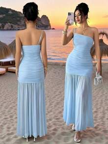 Vestido de verano nuevo para vacaciones en la playa de las mujeres, vestido ajustado de malla de tirantes finos de color azul claro - Azul - Ver 7