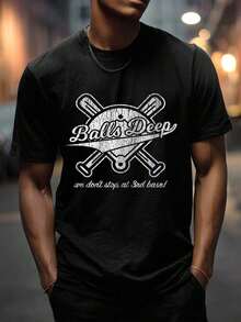 1 camiseta negra con estampado de pelotas de béisbol para hombre, cuello redondo, camiseta casual de algodón, tejido de punto de elasticidad media, corte regular para jóvenes y hombres, perfecta para primavera/verano/otoño. - Negro - Ver 1