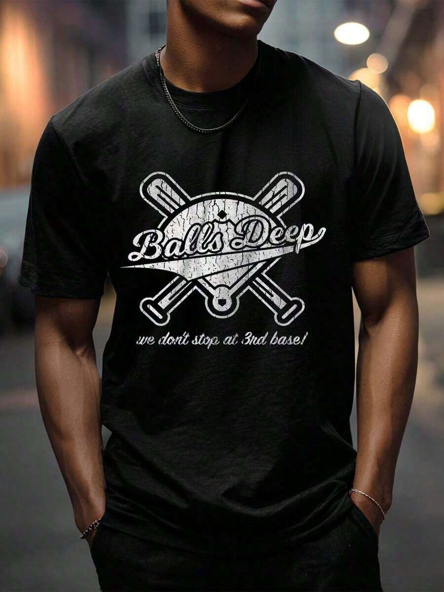 1 camiseta negra con estampado de pelotas de béisbol para hombre, cuello redondo, camiseta casual de algodón, tejido de punto de elasticidad media, corte regular para jóvenes y hombres, perfecta para primavera/verano/otoño. - Negro - Ver 1