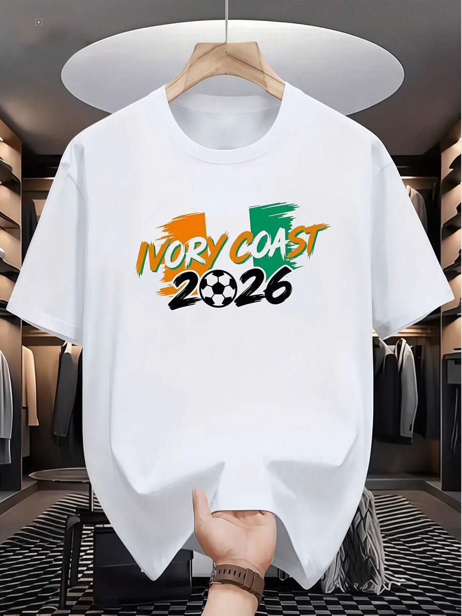 Camiseta exclusiva de fanático del fútbol de de Marfil con patrón naranja, blanco y verde para hombres y mujeres, con corte holgado casual, cuello redondo y mangas cortas transpirables - Negro - Ver 1