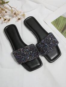 1 Pair Plus Size AB Color Gray, Rhinestone Embellished Slippers. Elegant And Fashionable With Rhinestones, Solid Color Chic Elegant Party New Luxury Non-Slip Outdoor Holiday Beach Comfortable Versatile Rhinestone Pearl Flat Open Toe Indoor Outdoor 41-43 Daily Wear Women's Plus Size Slides - Black - View 6