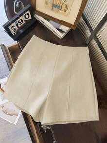 Shorts de mujer de cintura alta de color gris oscuro minimalista y de moda, con cierre de cremallera en la espalda, adecuados para el uso diario, citas y ocasiones románticas - Beis - Ver 5