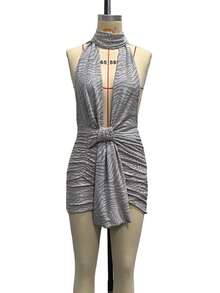 Vestido Solido Nuevo Corte Envolvente Con Nudo Y Cintas Flotantes Estilo Sensual - Gris - Ver 5