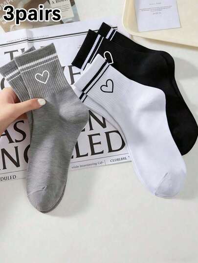3 pares de calcetines medianos a mitad de la pantorrilla con rayas en forma de corazón para mujer, suaves y cómodos, que absorben la humedad, adecuados para uso casual y versátil, tanto para uso diario como para actividades al aire libre, para todas las estaciones