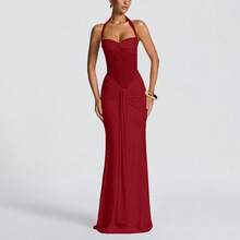 Women's Long Halter Neck Dress With Bows, Elegant Chiffon Dress With Ribbons, European And American Style, New Design, Summer Fashion, Party, Evening - 紅色 - 查看 4