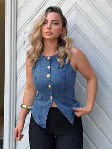 Camisa vaquera sin mangas con botones delanteros lavada para mujer - Azul lavado medio 2 - Ver 4